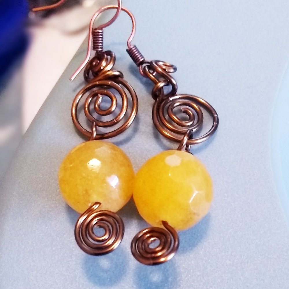 Handcrafted Yellow Agate + Wire Art Statement Earrings - Picture 9 of 10